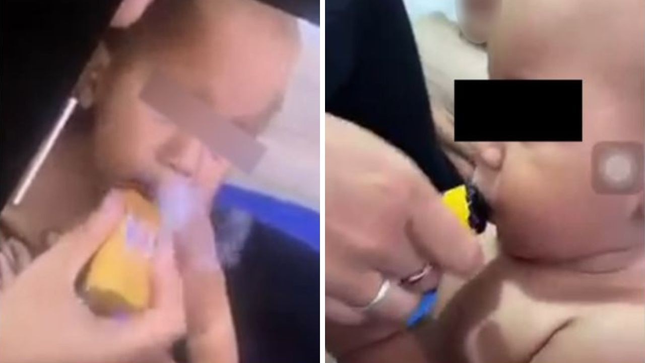 Disturbing footage shows a baby being handed a vape. Picture: Supplied