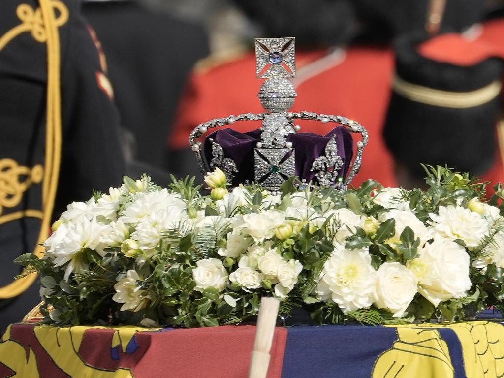 The Queen’s Imperial Crown sat on top of her coffin. Picture: Getty Images.