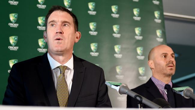 Cricket Australia CEO, James Sutherland (left) and Cricket Australia Sports Science and Sports Medicine Manager, Alex Kountouris speak after releasing recommendations from the independent review into the death of Phillip Hughes.