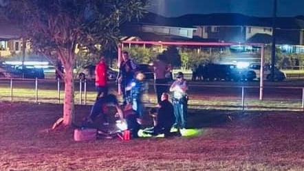 A knife-wielding man has been tackled to the ground by parents after turning up to children’s footy training in Sydney’s west on Monday night.