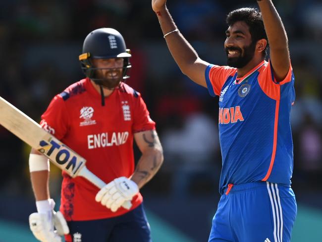 GEORGETOWN, GUYANA - JUNE 27: Jasprit Bumrah of India celebrates the wicket of Phil Salt of England with teammates during the ICC Men's T20 Cricket World Cup West Indies & USA 2024 Semi-Final match between India and England at Providence Stadium on June 27, 2024 in Georgetown, Guyana. (Photo by Gareth Copley/Getty Images)