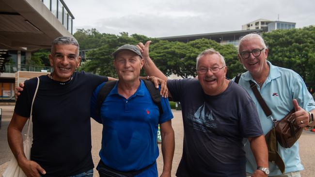 Majid Ghouali, Guenter Strasser, Juergen Berndt and Robert Doeller enjoys their layover from the cruise at the Darwin Waterfront. Picture: Pema Tamang Pakhrin