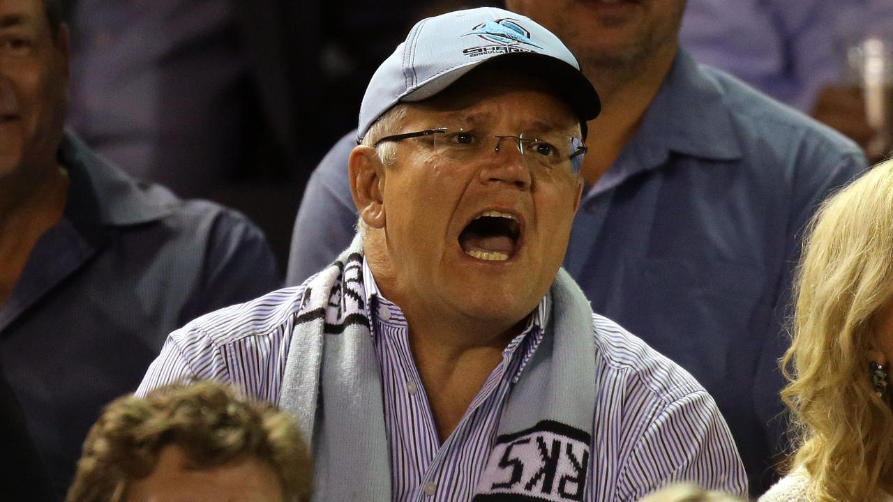 The prime minister watching the Cronulla Sharks take on the Penrith Panthers. Picture: Jonathan Ng