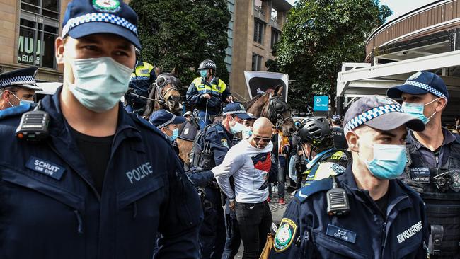 Protesters are arrested by the police during the widely-condemned protest in Sydney at the weekend. Picture: NCA NewsWire/Flavio Brancaleone