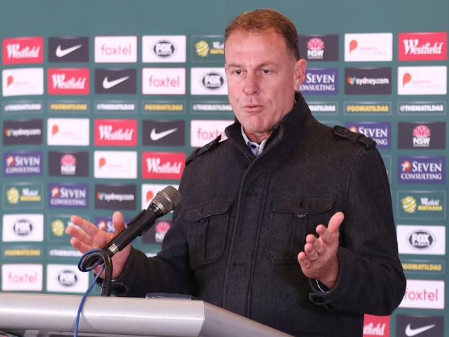 PENRITH, AUSTRALIA - SEPTEMBER 03:  Westfield Matildas Head Coach Alen Stajcic speaks to media at Panthers Stadium after the announcement of a two match International Friendly series against Chile this November on September 3, 2018 in Penrith, Australia. Football Federation Australia (FFA) today announced that the Matildas will face Chile in the 