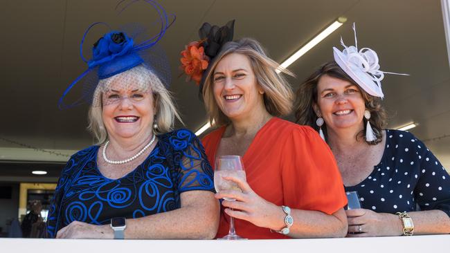 Looking to back a winner are (from left) Wendy Weir, Sharene Blades and Jo Gleeson at Melbourne Cup race day at Clifford Park racecourse. Picture: Kevin Farmer