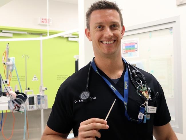 Dr Andrew Brier with a sting ray barb at Mackay Base Hospital. Picture: Contributed