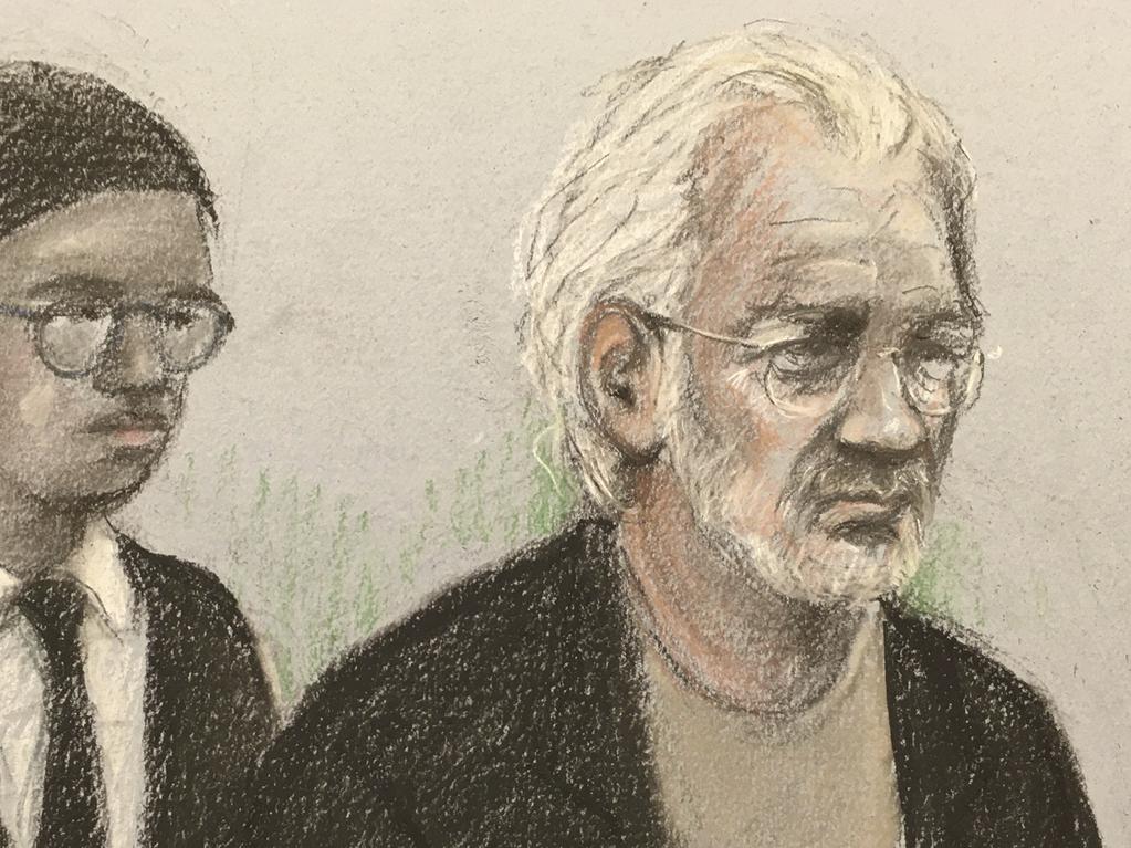 A court artist sketch by Elizabeth Cook of Julian Assange. Picture: AP