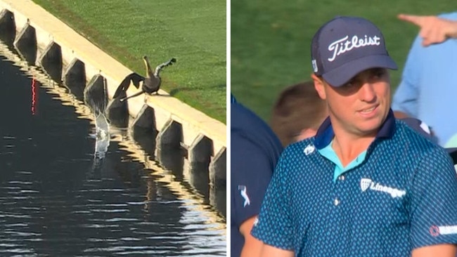 Justin Thomas cost himself the outright course record after a shot found the water.