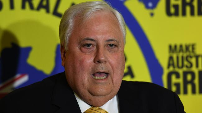 Clive Palmer, leader of the United Australia Party (UAP) reads a statement without taking questions from the media during a press conference in Brisbane, Monday, April 29, 2019. Australians will be voting in the federal election on May 18. (AAP Image/Dan Peled) NO ARCHIVING