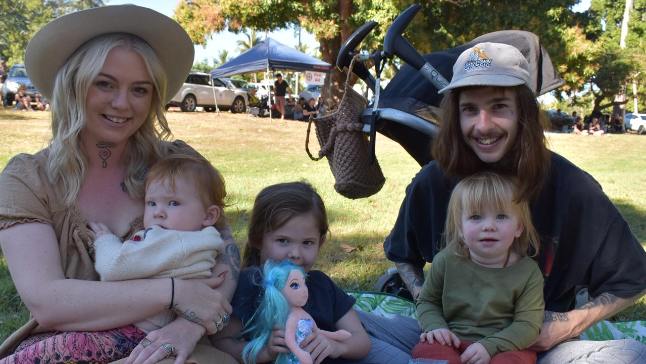 Enjoying live music are (from left) Beth Callaghan holding Estara Bonanno, Oddette Mackey, Ledger Mackey and dad Josh Mackey, from Mackay at Savour Seaforth 2021. Picture: Tara Miko