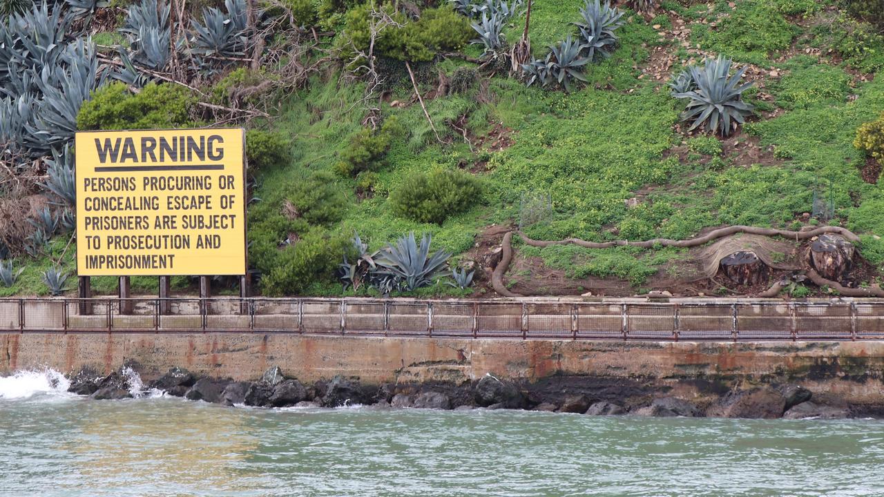 A warning sign on the edge of Alcatraz Island.