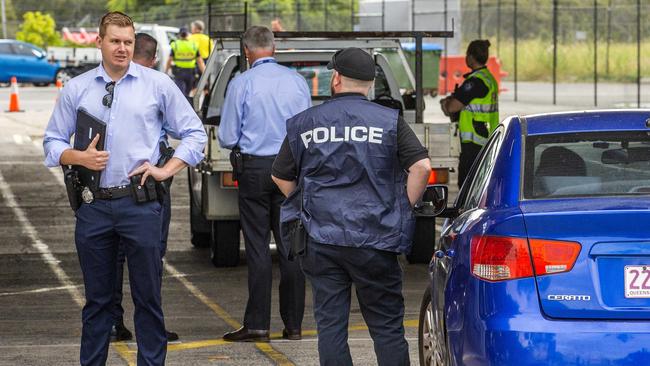 Police at Moreton Island Adventures Ferry Terminal in Port of Brisbane were checking cars headed to the island. Picture: Richard Walker