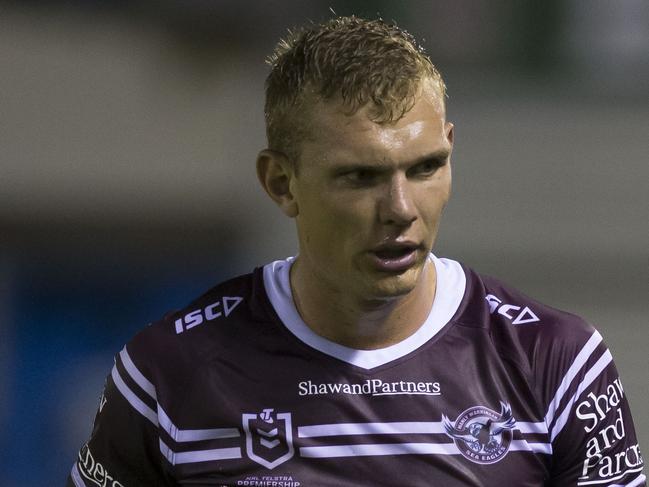 Tom Trbojevic of the Sea Eagles is injured during a preseason trial match between the Cronulla-Sutherland Sharks and Manly Warringah Sea Eagles at Southern Cross Group Stadium in Sydney, Saturday, February 23, 2019. (AAP Image/Craig Golding) NO ARCHIVING, EDITORIAL USE ONLY