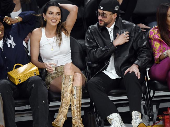 Kendall Jenner and rumoured love interest Bad Bunny attend a game between the Los Angeles Lakers and Golden State Warriors on May 12. Picture: Kevork Djansezian/Getty Images