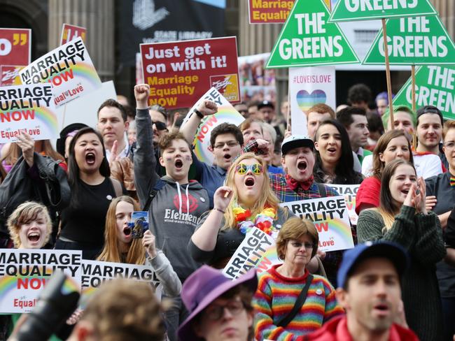 Equality rally ... Australians march in the streets for same-sex marriage rights. Picture: Brendan Francis