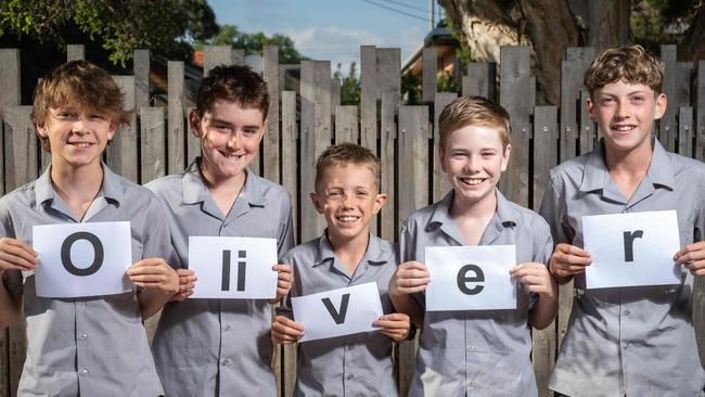 St Patrick’s Catholic Primary School’s Oliver Doak, Oliver Clarke, Oliver Gowans, Oliver Flynn and Oliver Planken. Picture: Brad Fleet.