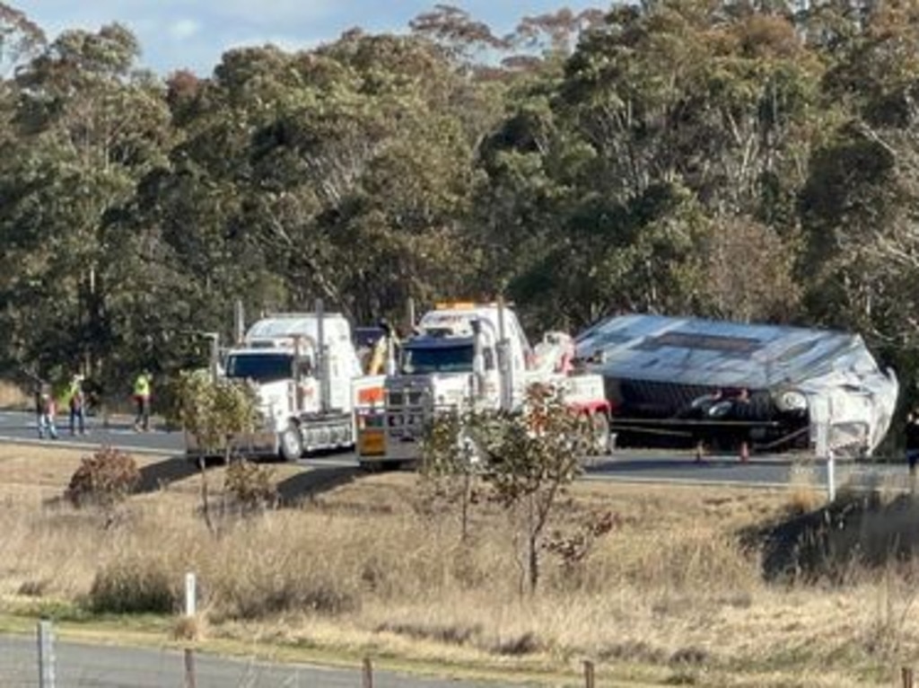 Crews working to clear the New England Hwy at Dalveen after a single truck crash occurred last night. Photo: Contributed