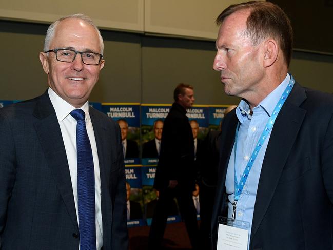 Not what you would call the best of friends. Then Prime Minister Malcolm Turnbull and the man he ousted from the job, Tony Abbott pictured in Sydney, July 2017. Picture: AAP Image/Dan Himbrechts