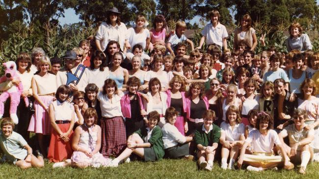 Dianne Weller in the school production of Grease. Dianne (in white) played the lead Sandy at Orara High in 1984.