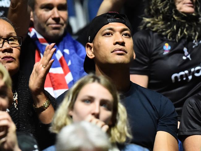 LIVERPOOL, ENGLAND - JULY 18: Rugby Player Israel Folau is seen in the stands prior to the Vitality Netball World Cup Round 3 match between Australia and New Zealand at M&S Bank Arena on July 18, 2019 in Liverpool, England. (Photo by Nathan Stirk/Getty Images)