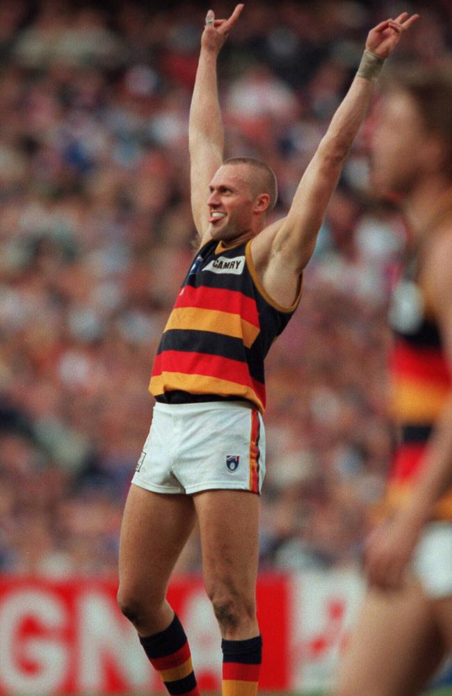 Matthew Robran celebrates one of his six goals in the preliminary final win over the Western Bulldogs. The Crows were on their way to a second Grand Final