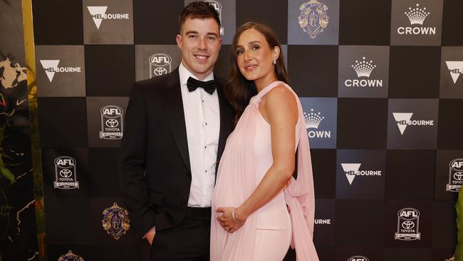 Essendon FC captain Zach Merrett and wife Alex turn heads with their budding baby coming along for the Brownlow spectacular. Picture: Michael Klein