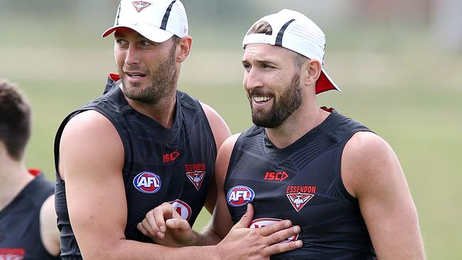 Tom Bellchambers and Cale Hooker at Essendon training. Picture: Michael Klein