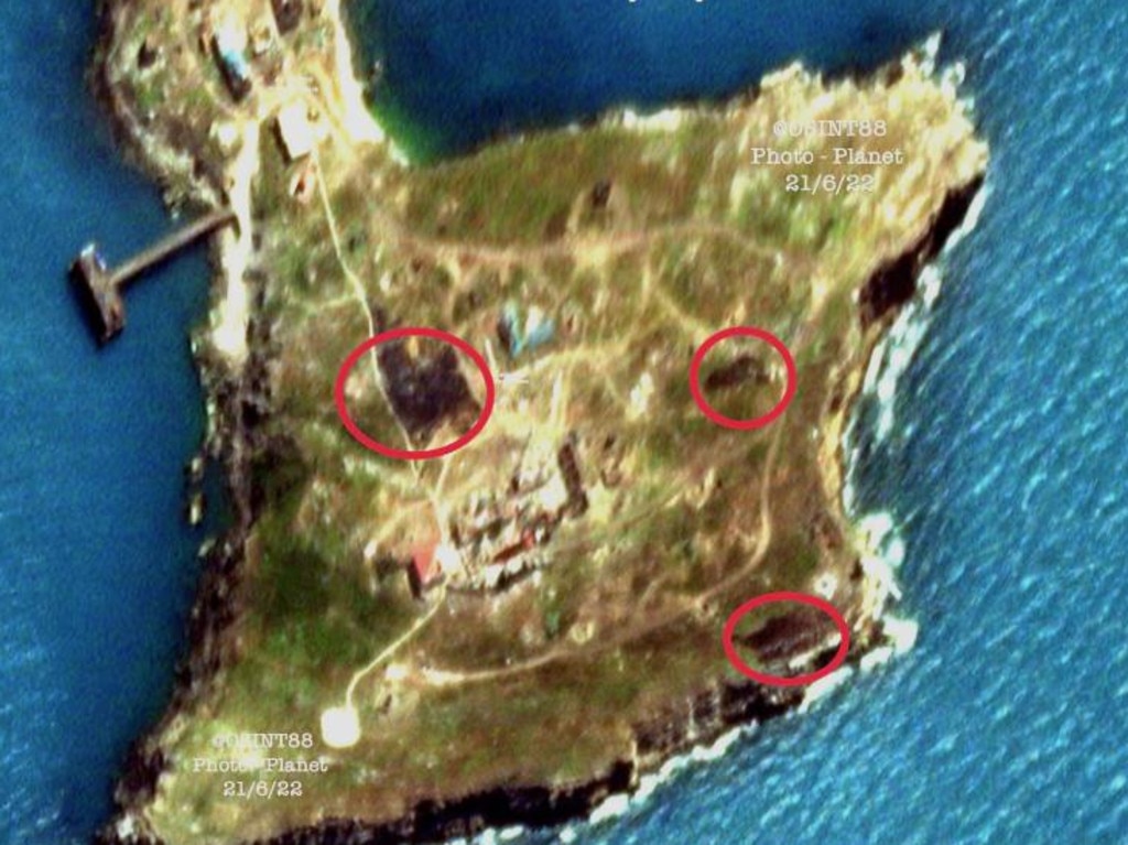 A satellite image of Zmiinyi Island released by specialists from the OSINT-88 group show s charred areas after the strike.