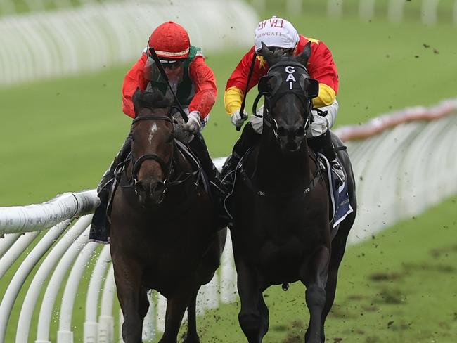 SYDNEY, AUSTRALIA - APRIL 20: Jamie Khan riding Kintyre wins Race 4 The Gow-Gates Frank Packer Plate during Sydney Racing at Royal Randwick Racecourse on April 20, 2024 in Sydney, Australia. (Photo by Jason McCawley/Getty Images)