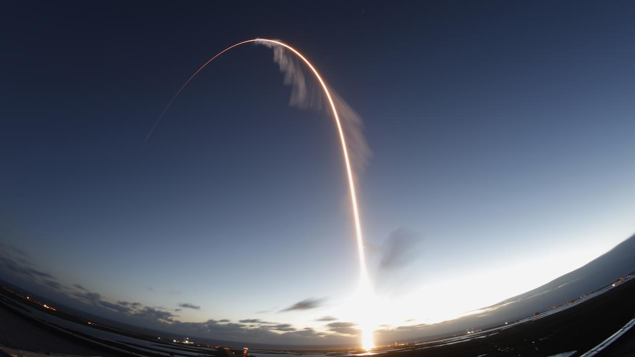 The rocket’s contrail was a brilliant contrast against the dark sky. Picture: Terry Renna