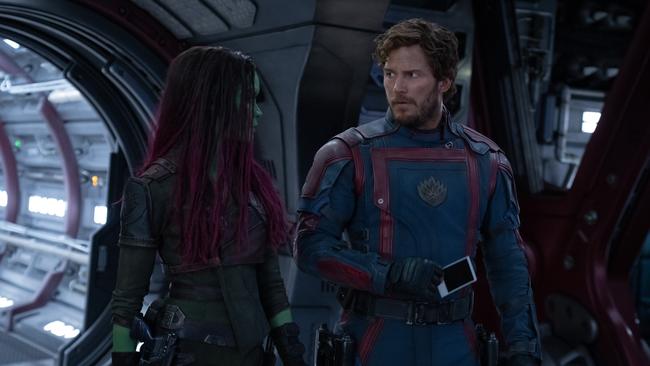 Zoe Saldana as Gamora and Chris Pratt as Peter Quill/Star-Lord in Guardians of the Galaxy Vol. 3. Picture: Jessica Miglio/Marvel