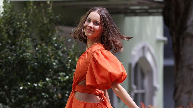 Lily Boston models a tie-back Aje dress to launch Vogue American Express Fashion’s Night Out in Sydney. Picture: Jane Dempster