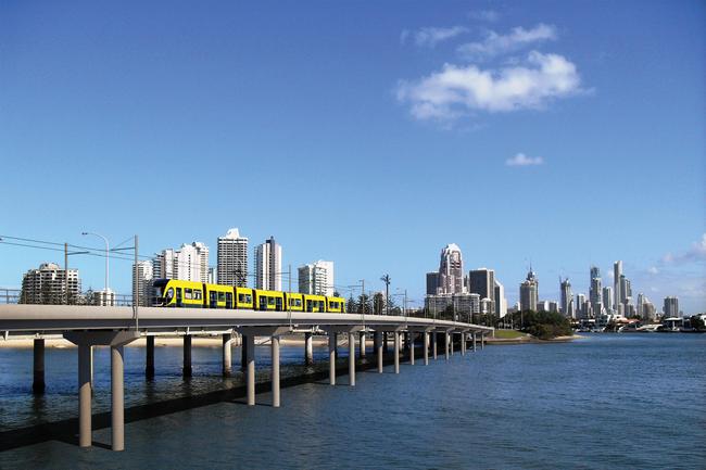 <p>2011: Gold Coast RTS impression of a tram on a bridge. Picture: Supplied by Gold Coast Rapid Transit Project</p>