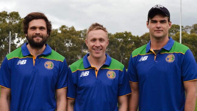 New Golden Grove coach Luke Barmby (middle) with star recruits and Norwood premiership players Cam Shenton (left) and Lewis Johnston (right). Picture: Golden Grove Football Club