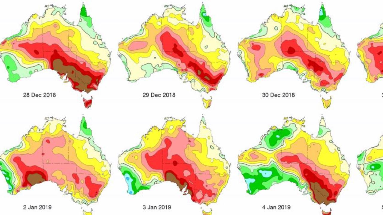 This diagram shows how on several occasions in December and early January parts of southern Australia reached 12 degrees above average temperature. Picture: Bureau of Meteorology. 