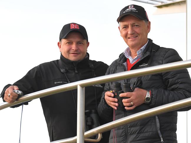 Redzel trainers Peter (right) and Paul Snowden are seen during trackwork at Royal Randwick Racecourse in Sydney, Monday, October 14, 2019. (AAP Image/Simon Bullard) NO ARCHIVING, EDITORIAL USE ONLY