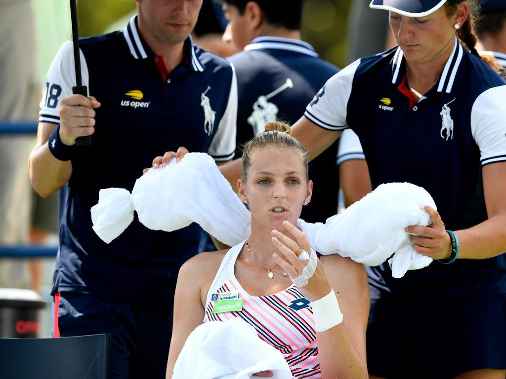 Kristyna Pliskova of Czech Republic cools off during her women's singles first round match against Kiki Bertens. Picture: Getty Images