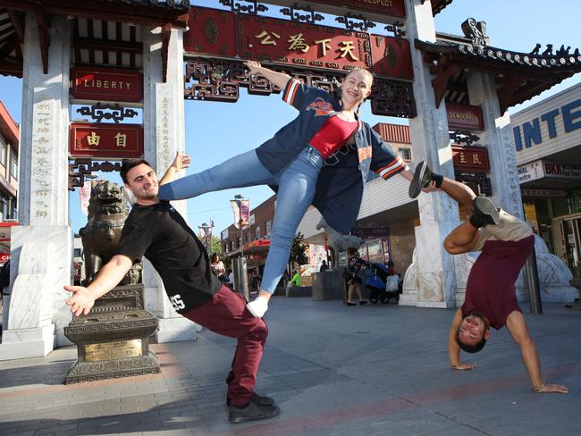 DMC performers Ivana Djakovic, Joseph Carbone and Patrick Uy from The Dance Movement Crew were the Moon Festival main event in 2018. Picture: Robert Pozo.