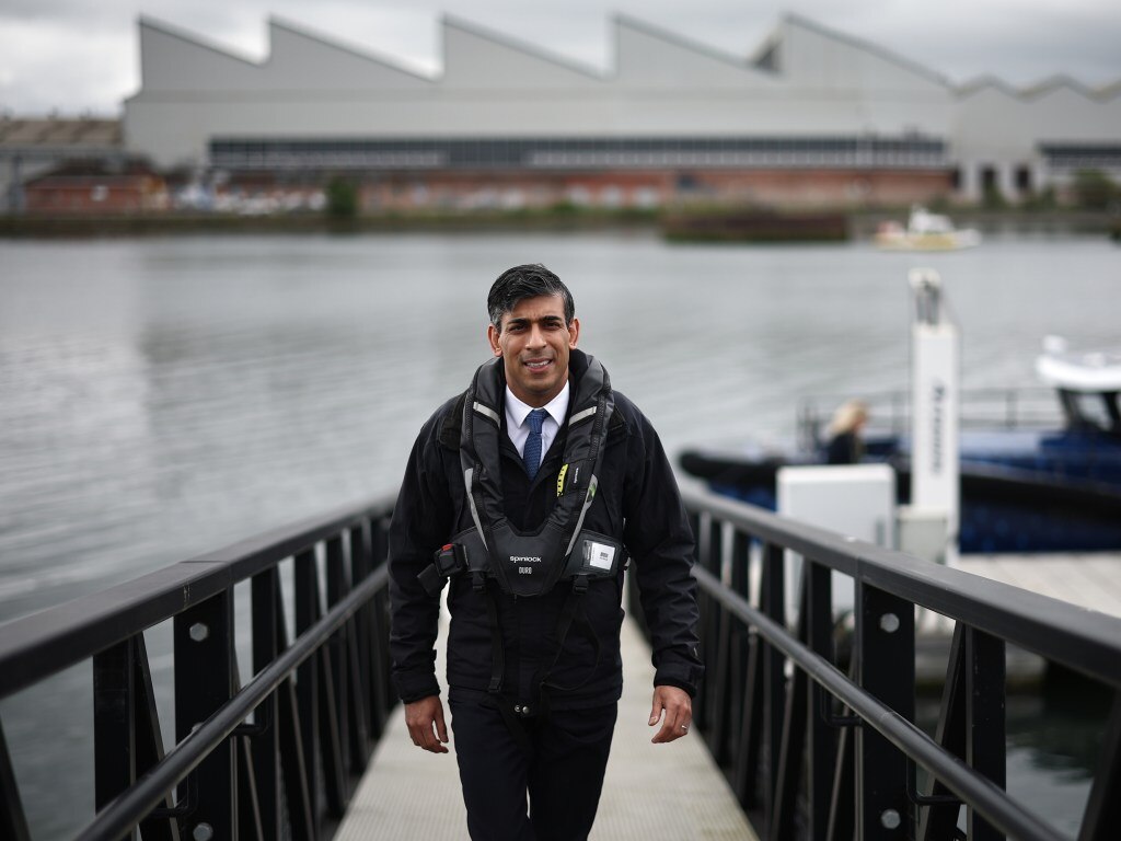 BELFAST, NORTHERN IRELAND - MAY 24: British Prime Minister Rishi Sunak returns from a boat tour during his visit to a maritime technology centre at a dockyard on May 24, 2024 in Belfast, Northern Ireland. After much speculation across the UK media, Sunak announced yesterday that the UK General Election will be held on July 4th.(Photo by Henry Nicholls - WPA Pool/Getty Images)
