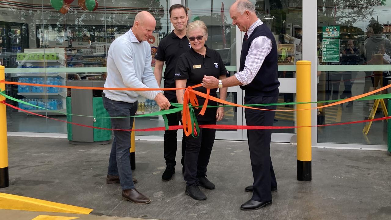 Mayor Glen Hartwig, 7-Eleven area manager Jeff Yerbury, store manager Joanne Hodgson, and LNP MP Tony Perrett untie the ribbons to celebrate the opening of Gympie's first 7-Eleven store.