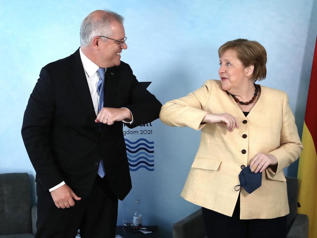 Prime Minister Scott Morrison and German Chancellor Angela Merkel at the G7 in June. Picture: Adam Taylor/PMO.