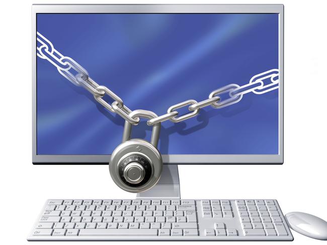 Online Internet security - social networks. Isolated illustration of a computer secured with a large chain and padlock lock.