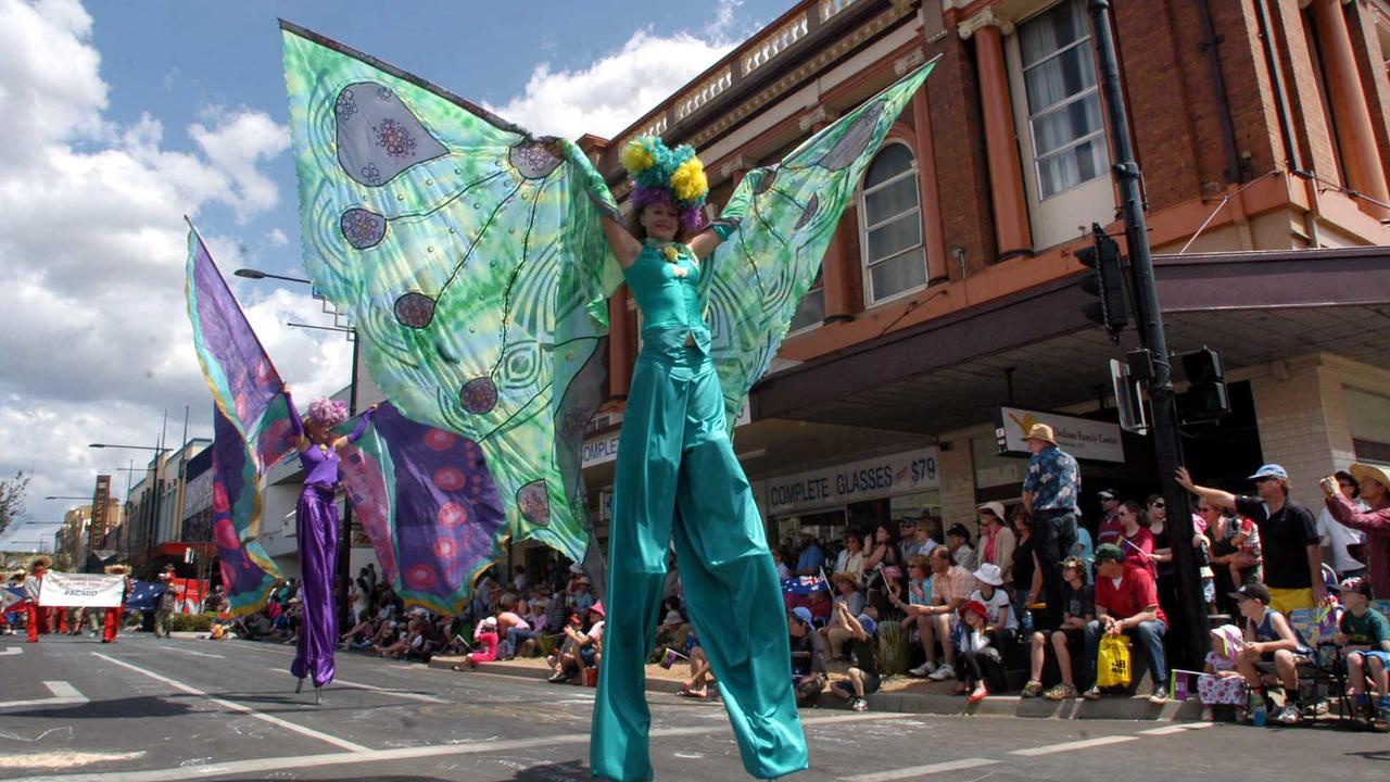 Butterflies on stilts make their way down Ruthven Street in the 58th Toowoomba Carnival of Flowers is street parade through the City. Picture: David Martinelli.