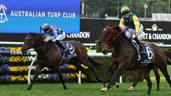 Pride Of Jenni (left) is set to back-up in the Cox Plate after her brave second to Ceolwulf in the King Charles III Stakes last Saturday. Picture: Jeremy Ng/Getty Images