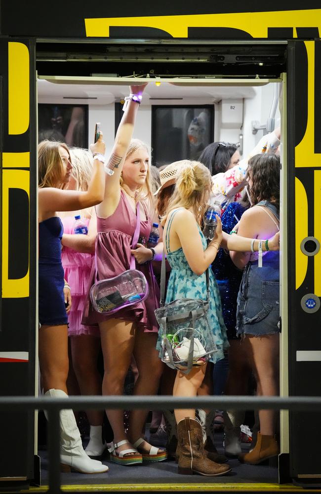 Swifties spill out of the Minneapolis lightrail after the show. Picture: Shari L. Gross/Star Tribune via Getty Images