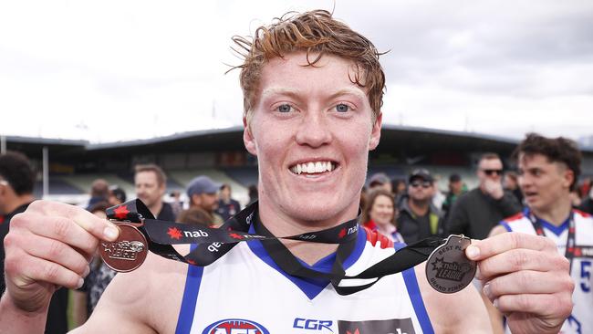 No. 1 draft fancy Matt Rowell shows off his best afield and premiership medallions. Picture: Daniel Pockett/AFL Photos/via Getty Images.