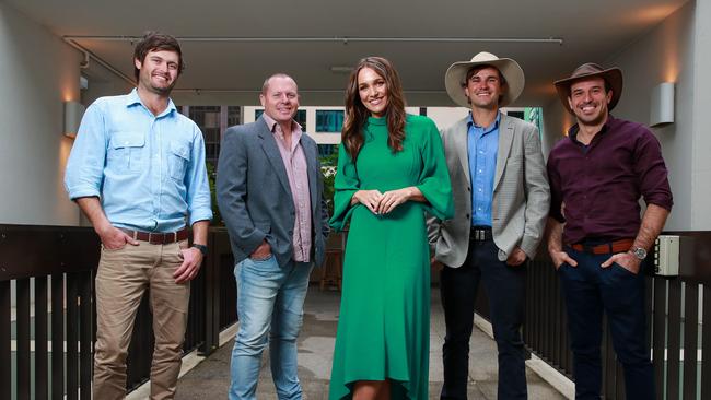 Farmer Wants A Wife presenter Natalie Gruzlewski with farmers Harry, Neil, Alex and Sam, at the launch of Farmer Wants a Wife. Picture: Justin Lloyd