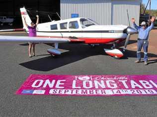 SOARING IN: Gaye Smith from the Chinchilla Community Commerce and Industry Inc. and Aero Club president John Dingley are gearing up for next weekend's One Long Table event. Picture: Kate McCormack