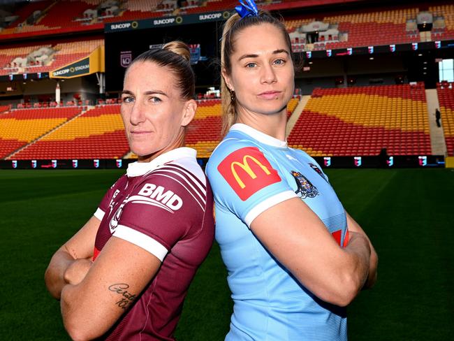 BRISBANE, AUSTRALIA - MAY 15: Ali Brigginshaw of Queensland and Kezie Apps of New South Wales pose for a photo during the 2024 Women's State of Origin Media Opportunity at Suncorp Stadium on May 15, 2024 in Brisbane, Australia. (Photo by Bradley Kanaris/Getty Images)